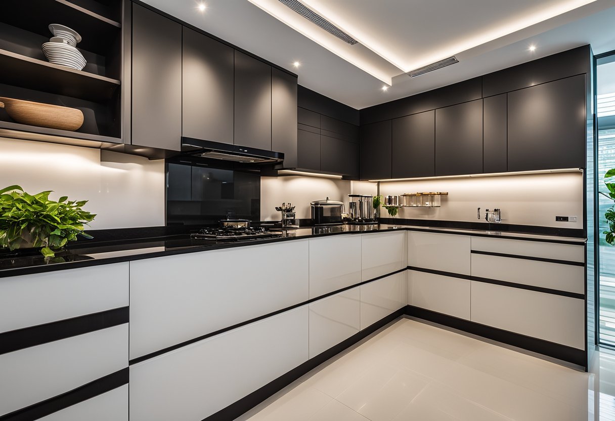 A spacious, modern kitchen showroom in Johor, filled with sleek, custom-made cabinets in various styles and finishes. Displays of high-quality materials and hardware line the walls