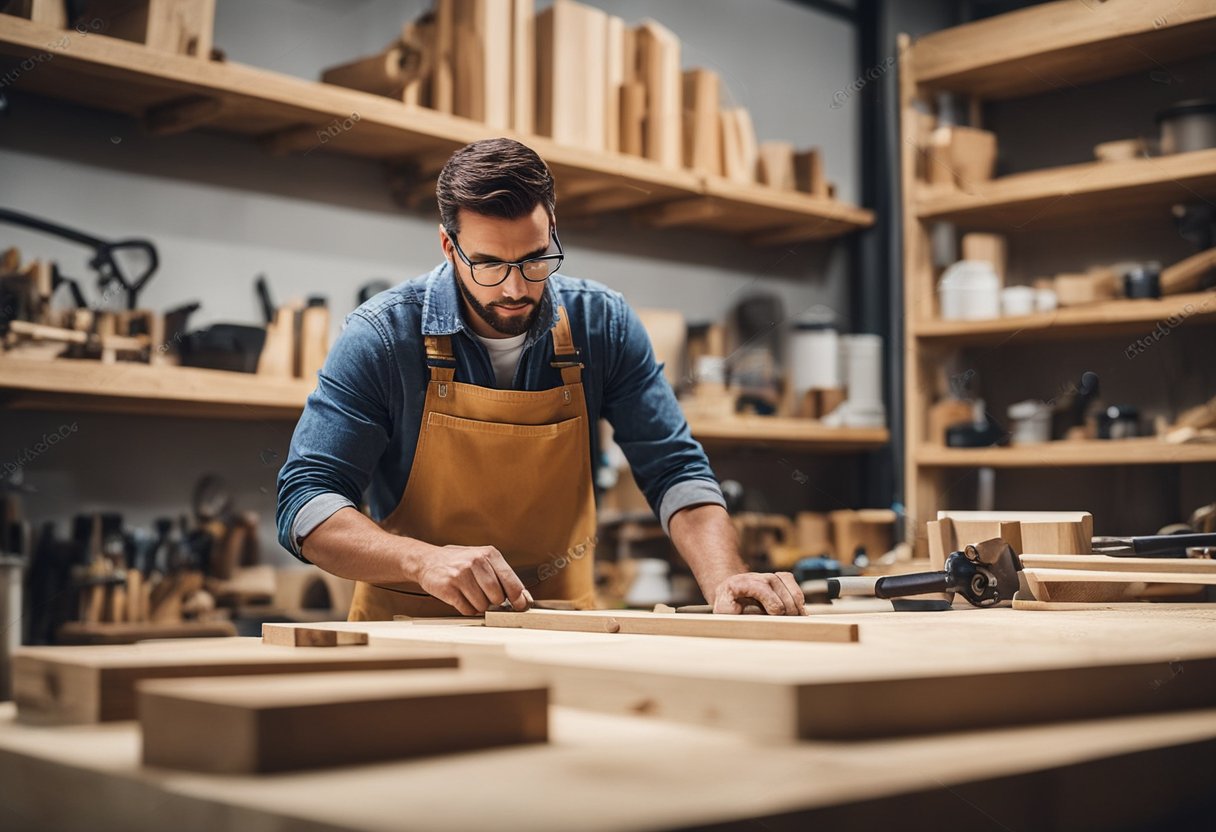 A carpenter in a workshop, surrounded by various materials and tools, carefully examining and comparing different options for kitchen cabinet durability and style