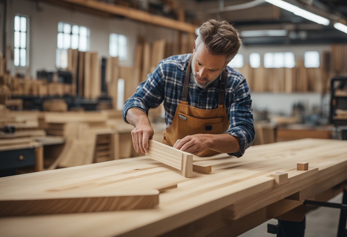 A craftsman meticulously measures and cuts wood for customized kitchen cabinets in a spacious workshop