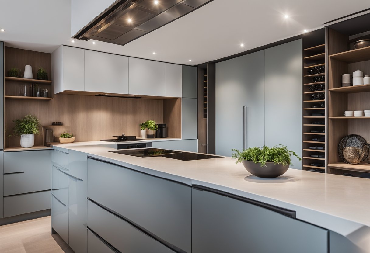 A sleek, modern kitchen with custom-built wardrobes seamlessly integrated into the cabinetry, maximizing storage space and maintaining a clean, minimalist aesthetic