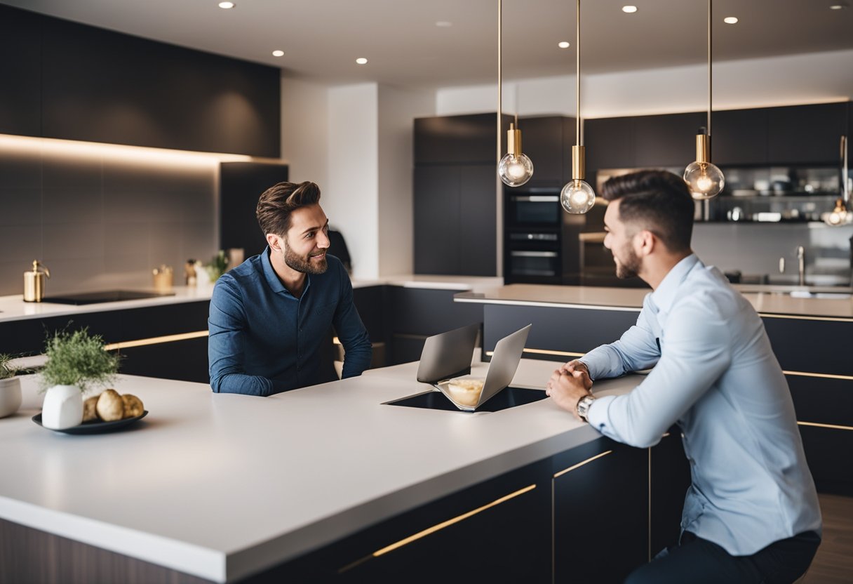 A kitchen consultant discussing cabinet options with a client in a showroom