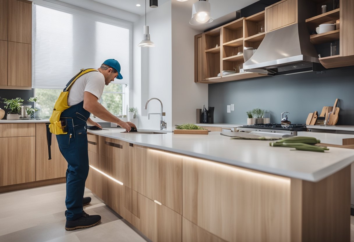 A carpenter carefully installs custom kitchen cabinets in a modern, spacious kitchen