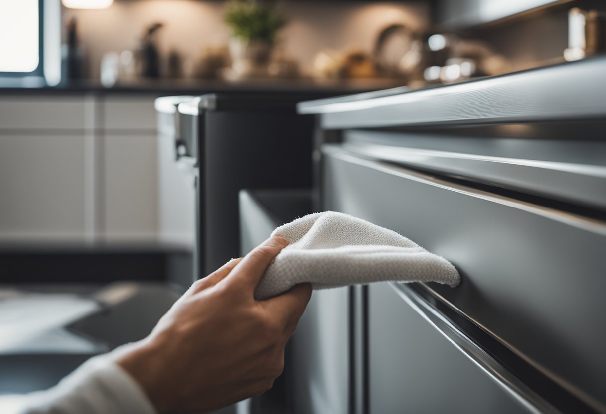 A person gently wiping down a set of sleek, modern kitchen cabinets with a soft cloth, ensuring they remain clean and well-maintained