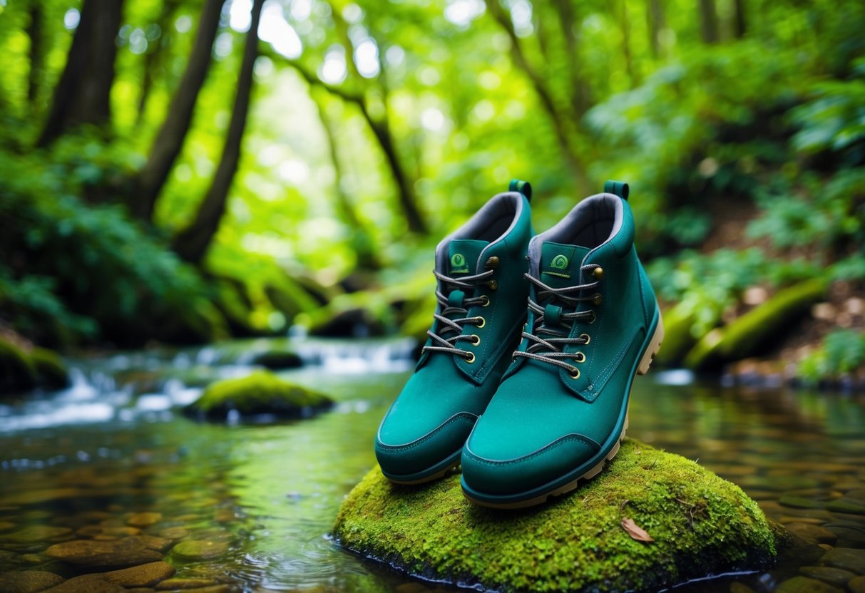 Ein üppiger Wald mit einem klaren Bach, wo ein Paar umweltfreundlicher Schuhe auf einem moosigen Stein sitzt.