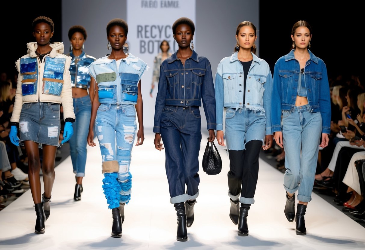 Eine Modenschau mit Models, die Kleidung aus verschiedenen recycelten Materialien wie Plastikflaschen, alter Jeans und weggeworfenen Stoffresten tragen.