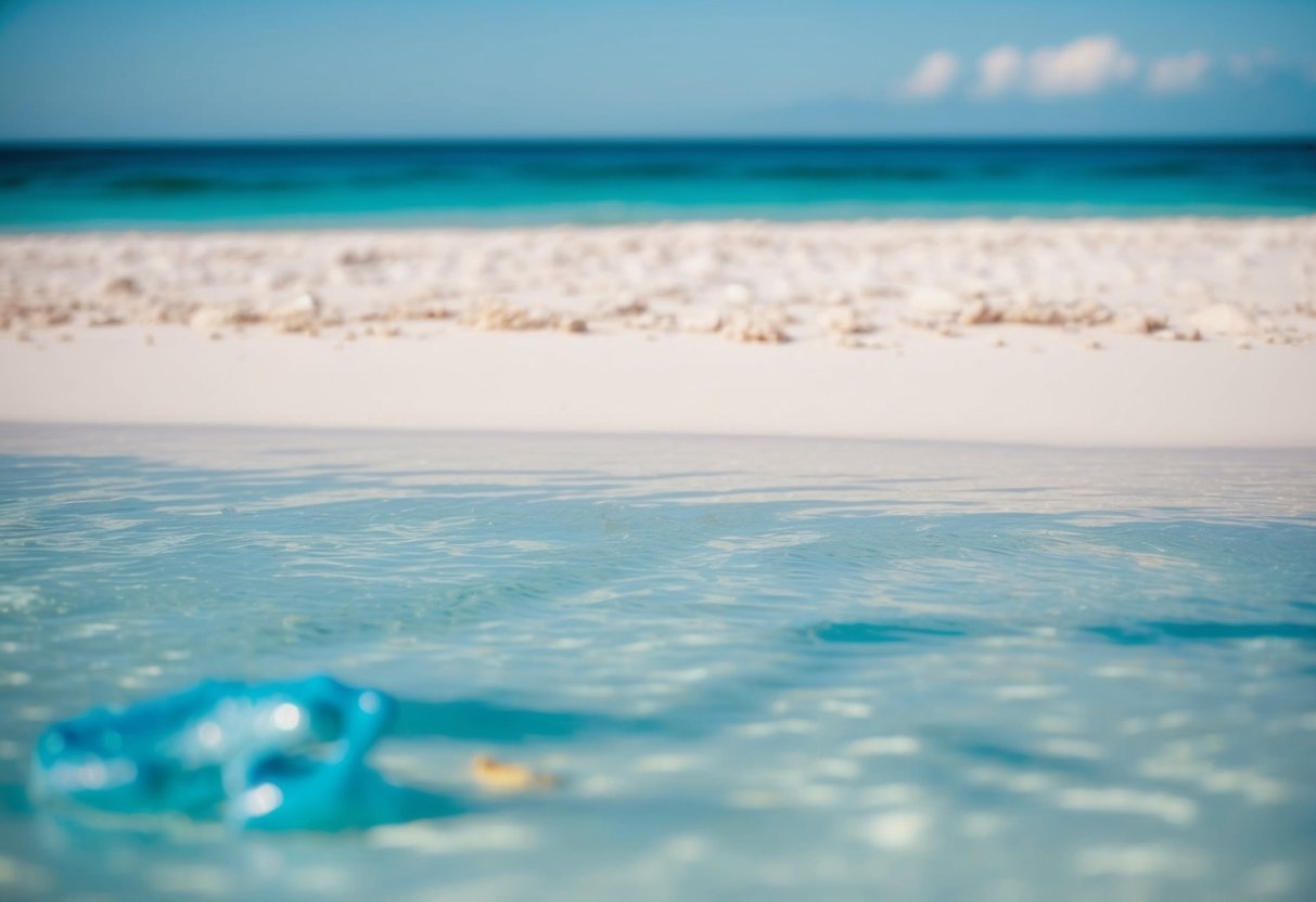 Ein Strand mit klarem blauen Wasser, weißem Sand und keinen sichtbaren Plastikabfällen