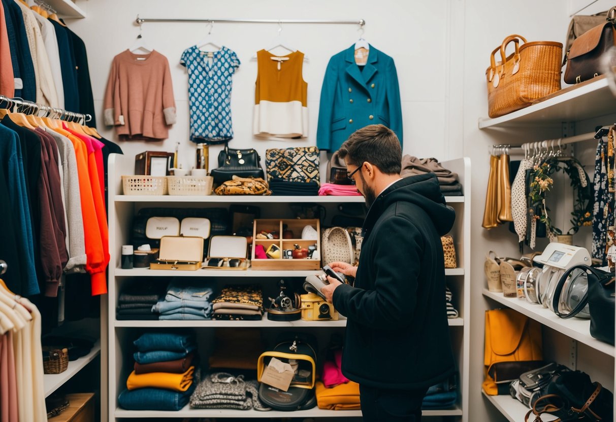 Eine Person, die in einem Geschäft durch eine Auswahl von Second-Hand-Artikeln stöbert, mit Regalen, die mit verschiedenen Kleidungsstücken, Accessoires und Haushaltsgegenständen gefüllt sind.