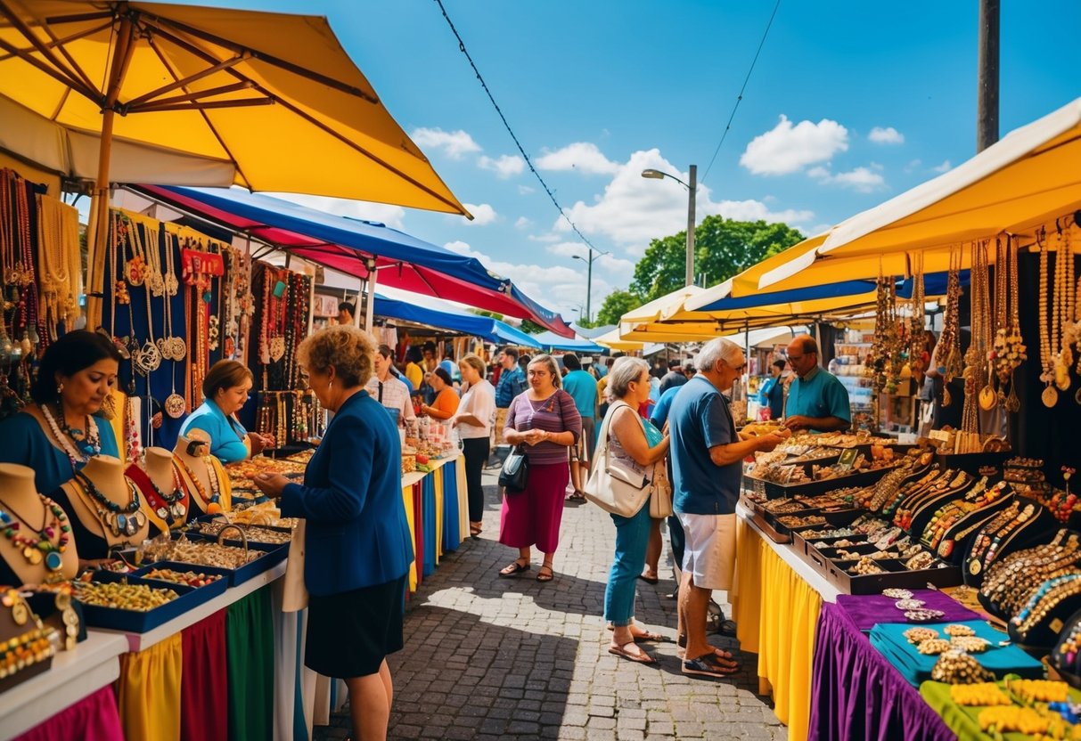 Ein belebter Marktplatz mit bunten Ständen, die handgemachten Schmuck und Kunsthandwerk verkaufen. Die Menschen stöbern und feilschen unter einem sonnigen Himmel.