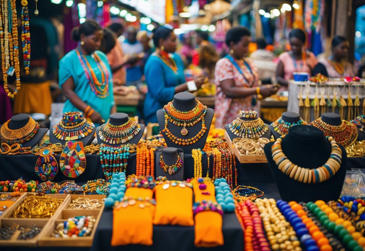 Ein geschäftiger Marktplatz, gefüllt mit buntem, handgefertigtem Schmuck, der mit Sorgfalt und Liebe zum Detail hergestellt wird. Händler präsentieren stolz ihre einzigartigen Fair-Trade-Stücke und zeigen die Schönheit von ethischem und nachhaltigem Schmuck.