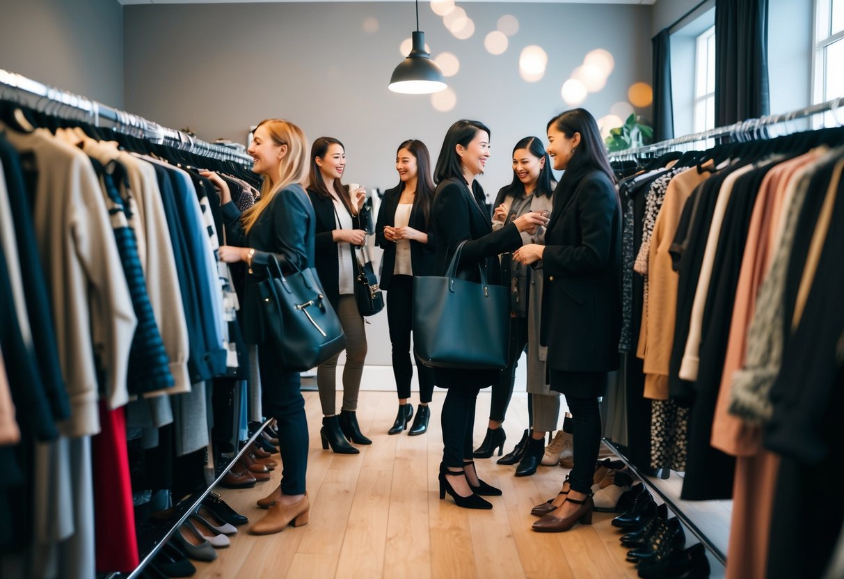 Ein Raum voller Regale mit Kleidung, Schuhen und Accessoires. Menschen unterhalten sich und stöbern durch die Artikel, tauschen verschiedene Outfits aus und probieren sie an.