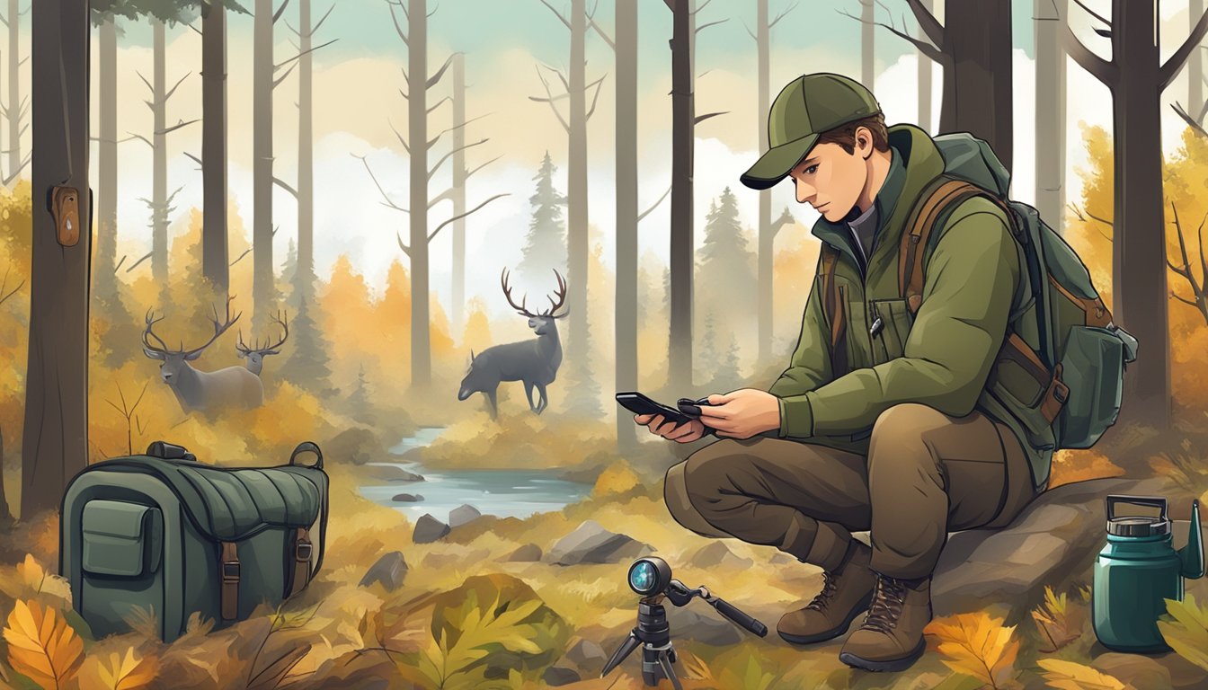 A hunter using a smartphone app to track game in a wooded area, with various hunting gadgets and tools scattered around