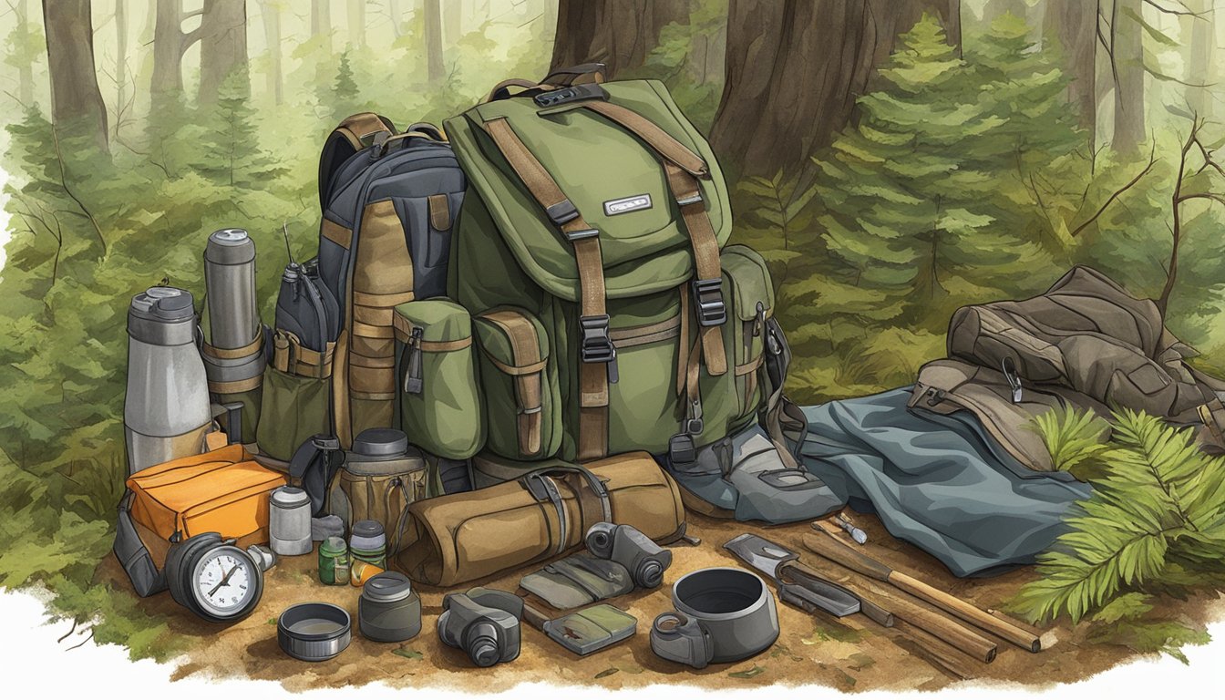 A hunter's backpack with scent-proof clothing and gear laid out in a forest clearing