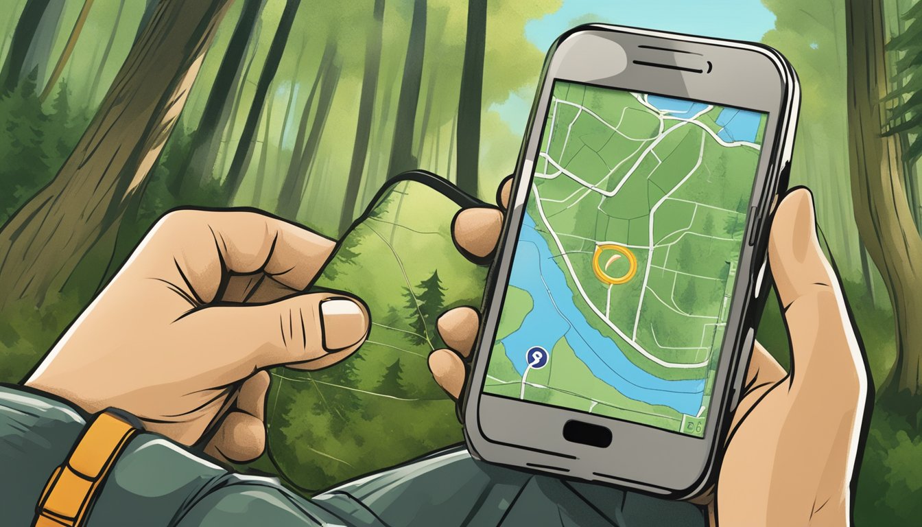 A hunter using a smartphone app to track land ownership boundaries and navigate through a forest with GPS technology