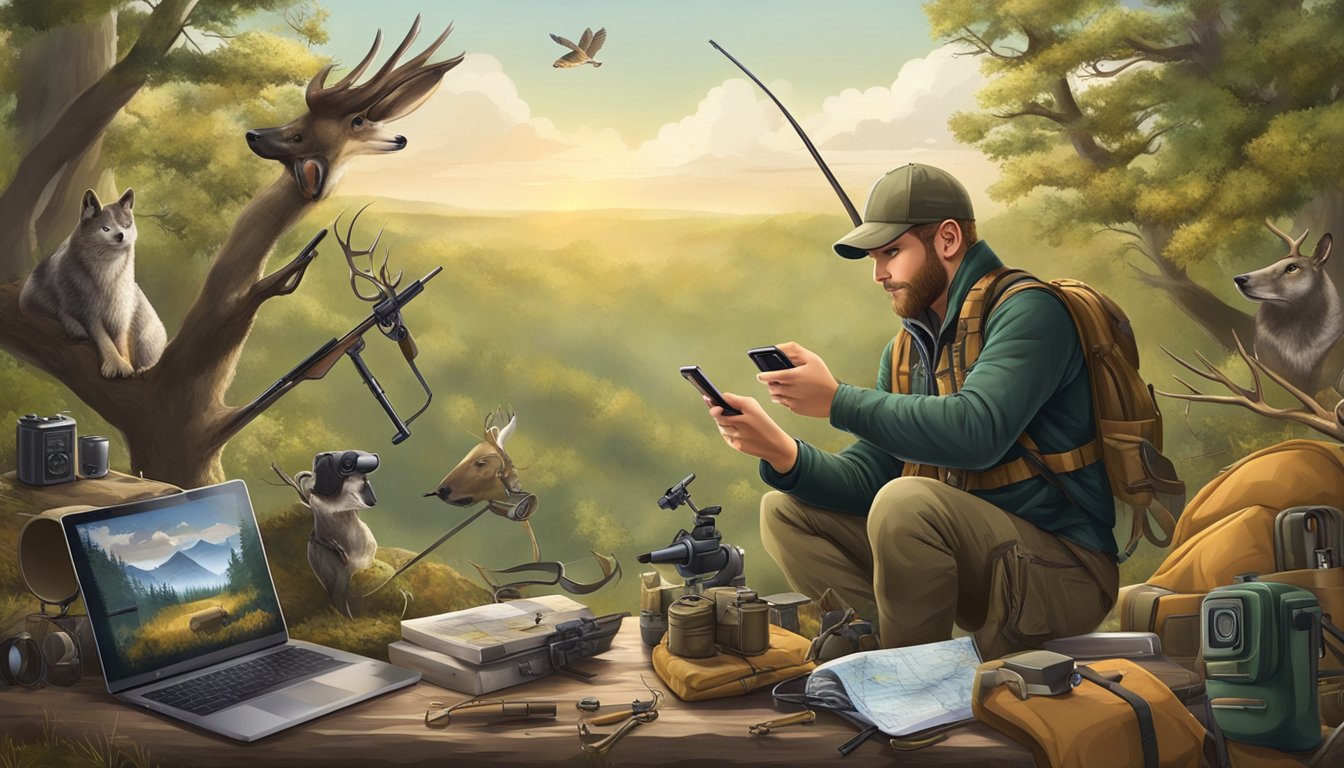 A hunter using a smartphone to track hunting data, surrounded by various hunting gadgets and equipment