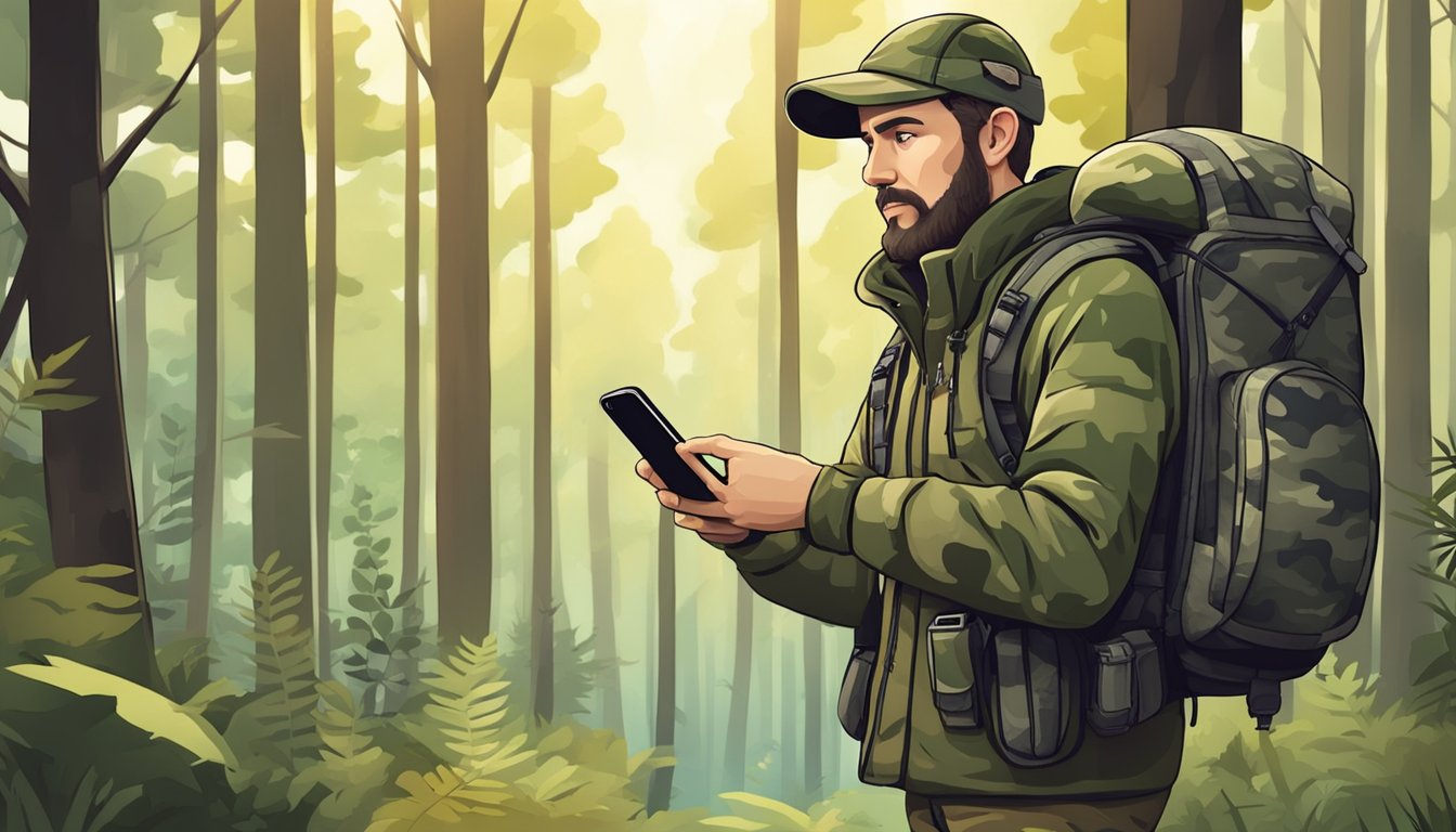 A hunter in camouflage gear uses a smartphone with hunting apps while carrying a backpack with integrated gadgets. The scene is set in a forest with trees and wildlife in the background