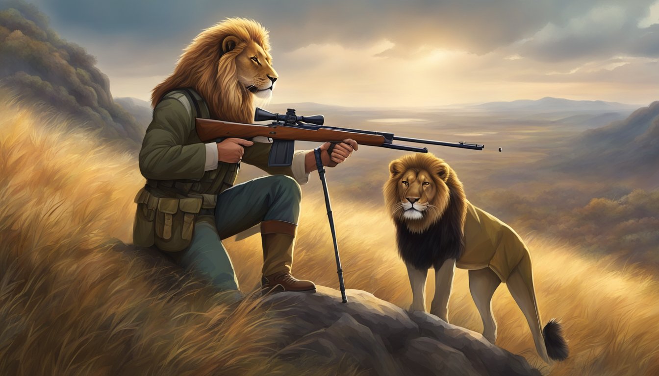 A hunter stands on a hill, aiming a rifle at a majestic lion. The lion looks back with a mix of fear and defiance