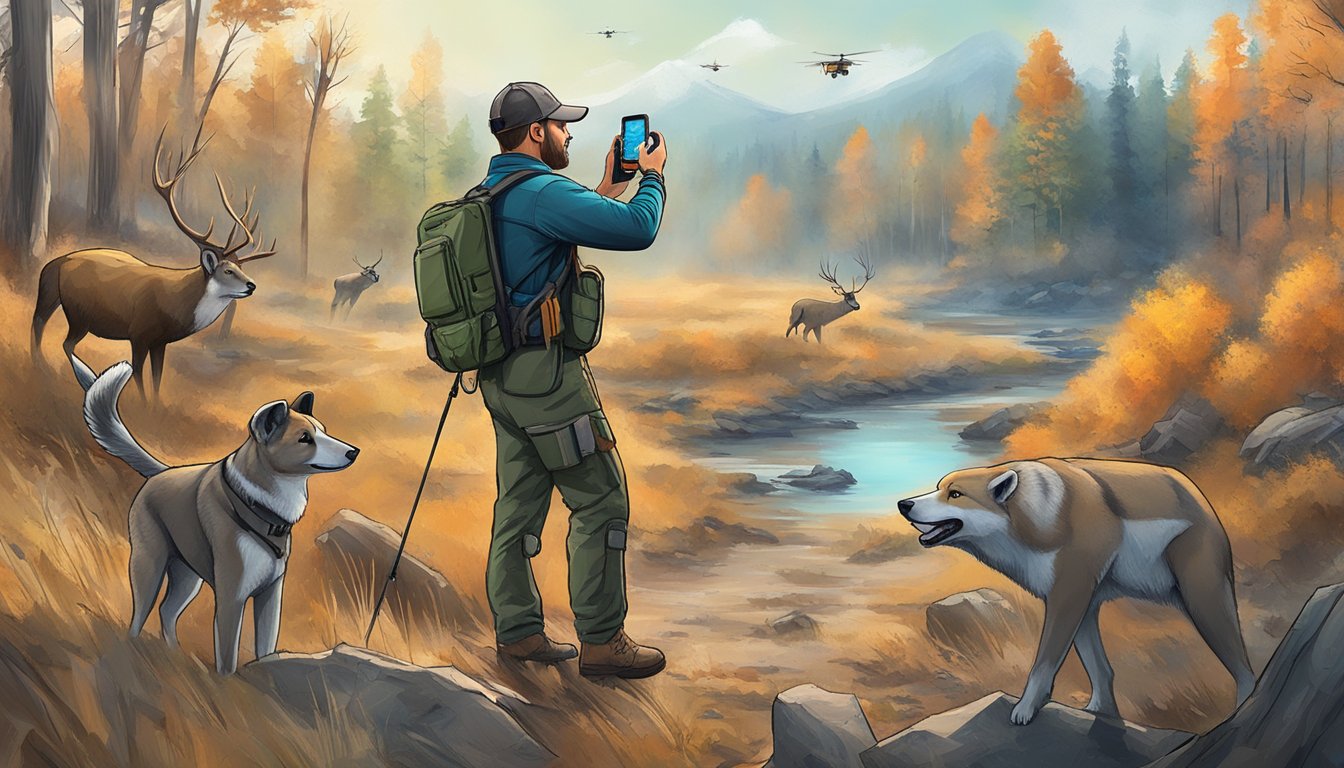 A hunter using a smartphone to track wildlife, while wearing high-tech gadgets like a GPS watch, thermal imaging camera, and a drone hovering nearby