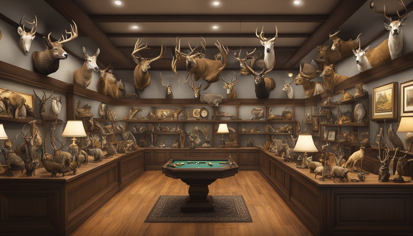 A hunter's trophy room filled with mounted animal heads and taxidermy displays. Walls adorned with hunting paraphernalia and awards