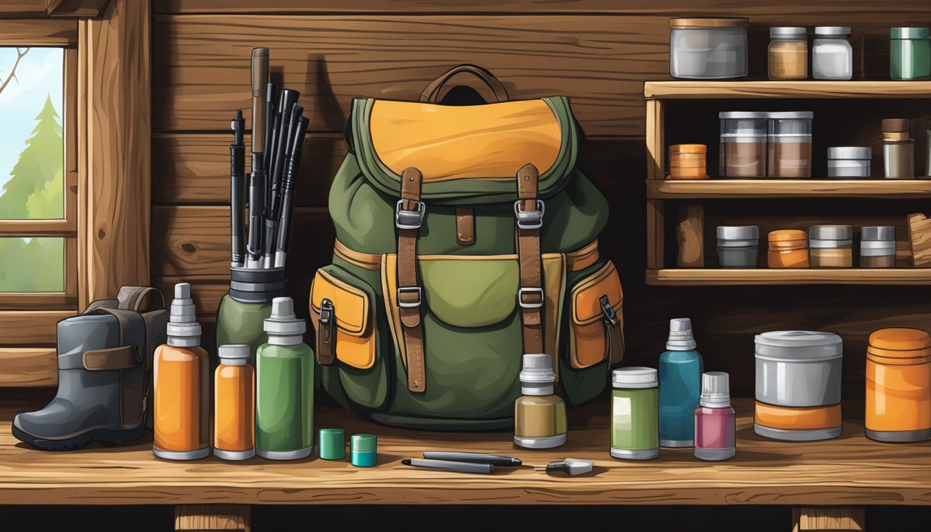 A hunter's backpack with scent control products neatly organized on a shelf in a rustic cabin