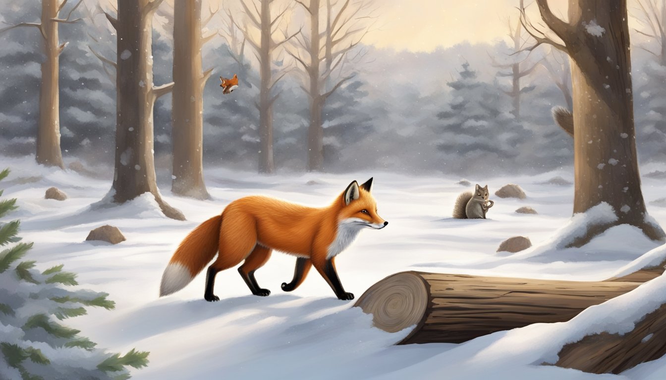 A fox leaves tracks in the snow near a tree stump, while a squirrel gathers acorns nearby