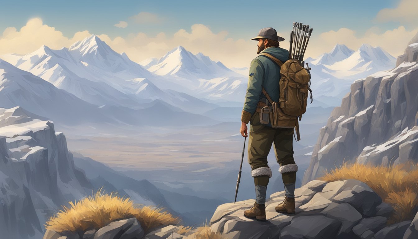 A hunter standing on a rocky cliff, overlooking a vast and rugged landscape with snow-capped mountains in the distance. A sense of adventure and exploration is palpable in the scene