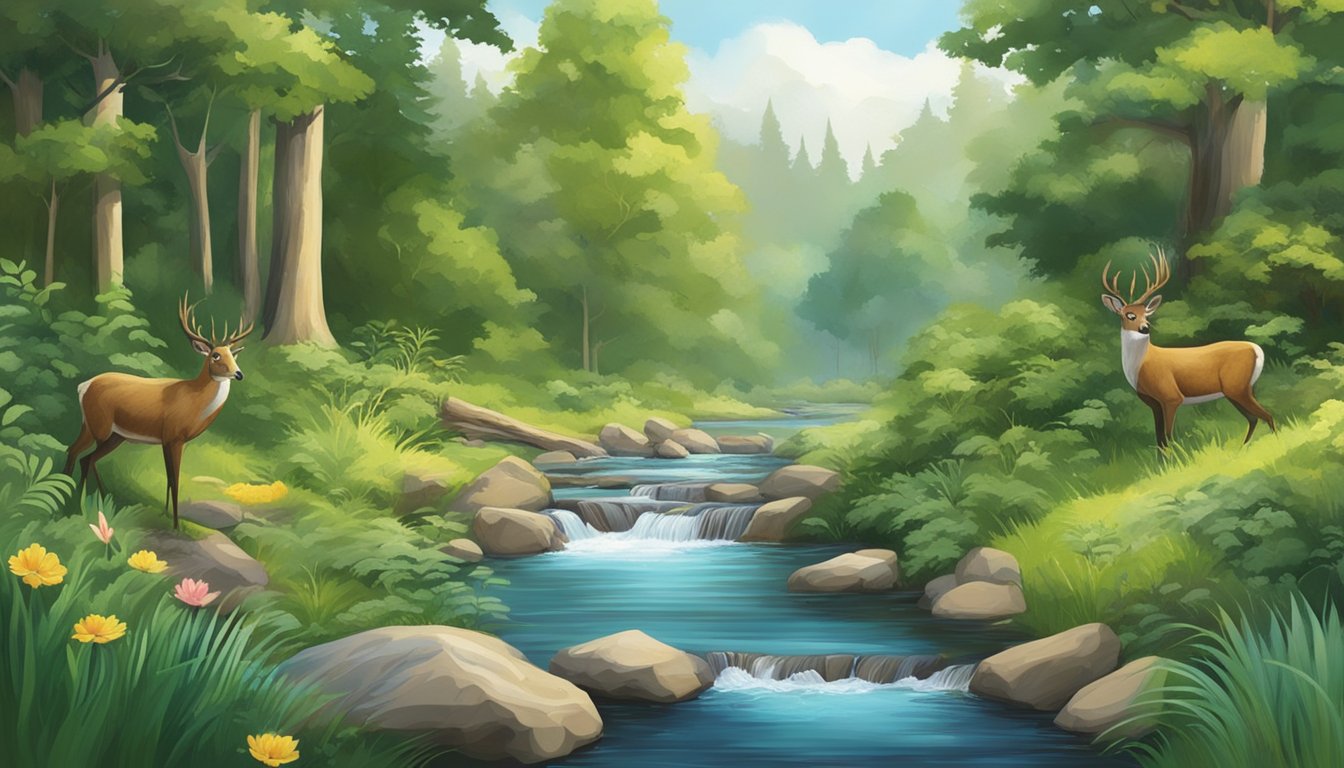 A serene forest stream, surrounded by lush vegetation and teeming with wildlife, flows gracefully through the landscape