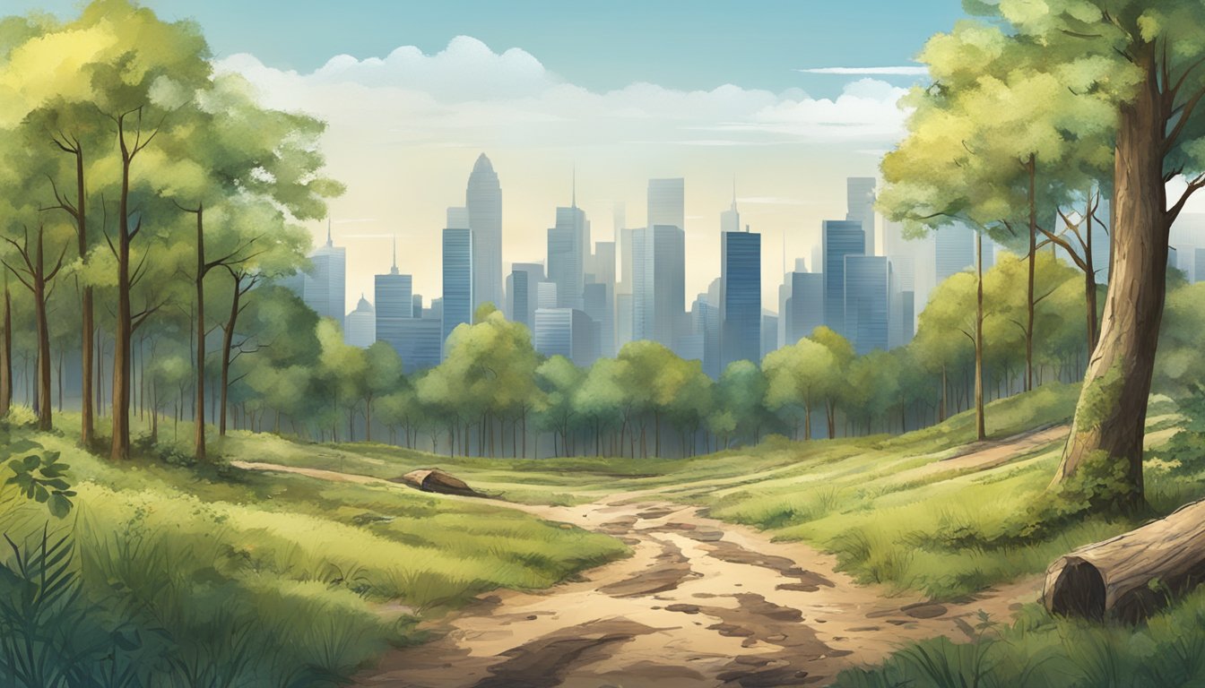 A forest clearing with a mix of urban and rural elements, featuring animal tracks, tree bark, and city skyline in the distance