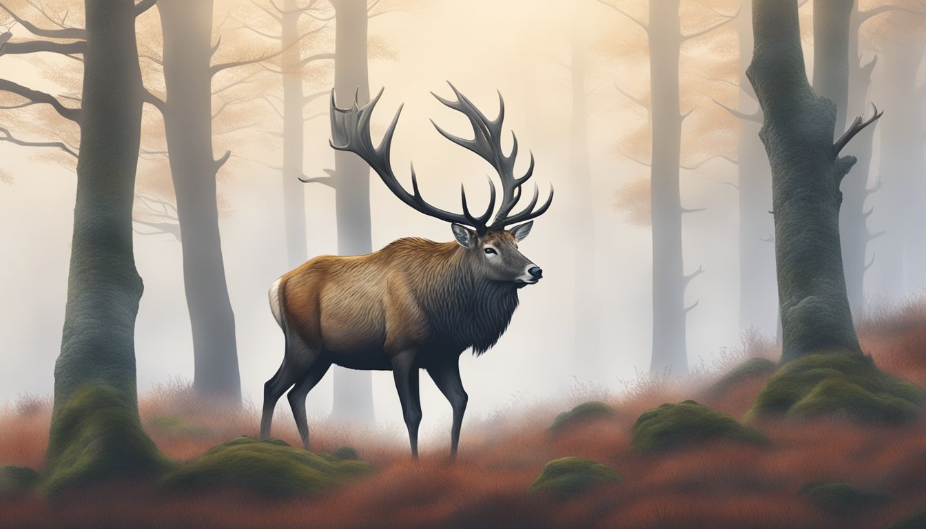 A hunter stalking a majestic red stag in the misty Scottish Highlands