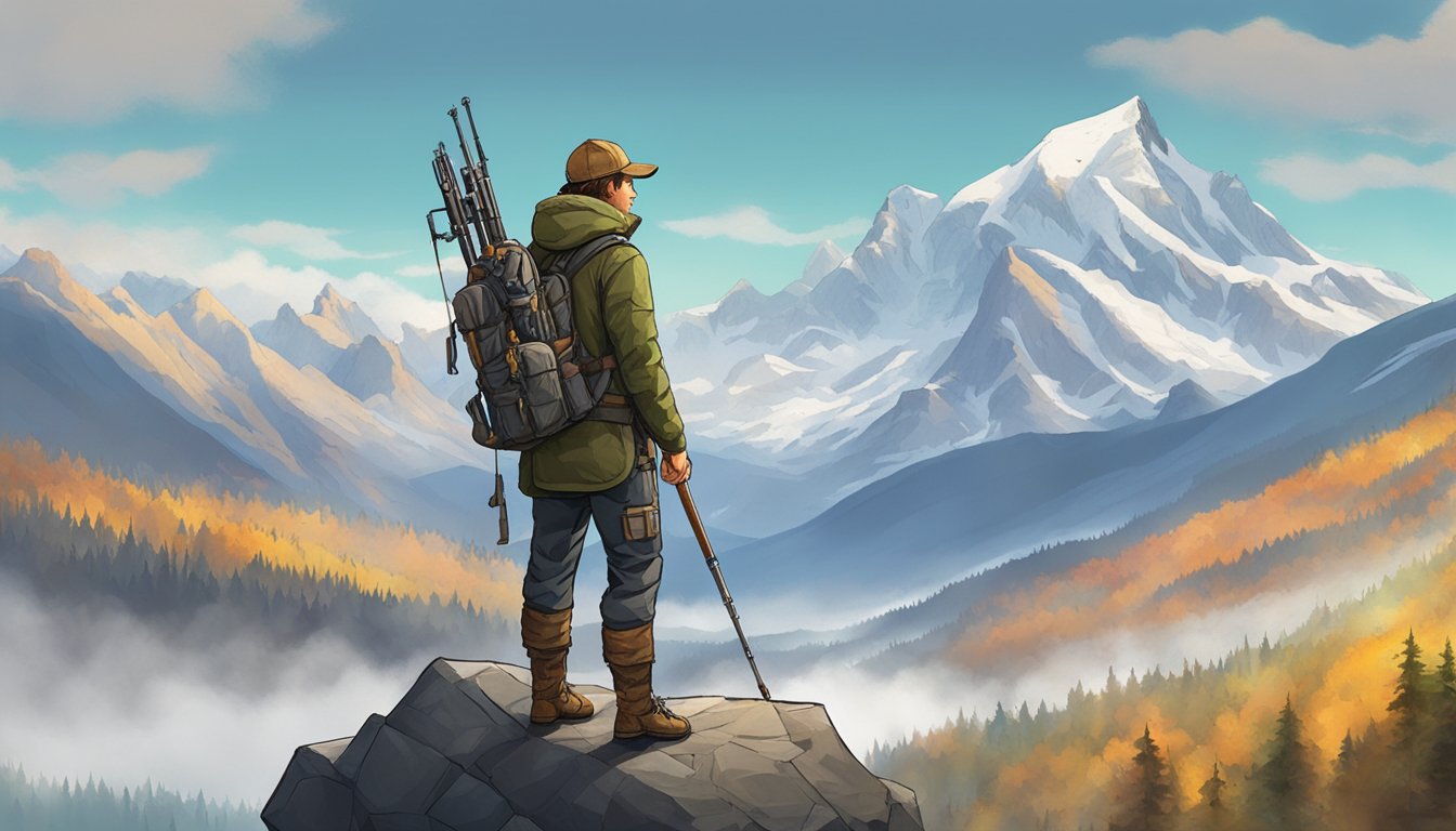 A hunter stands on a rocky cliff, overlooking a vast, untamed wilderness. A majestic mountain range looms in the distance, while a dense forest sprawls below. The hunter is equipped with high-tech gear, ready for an adventure