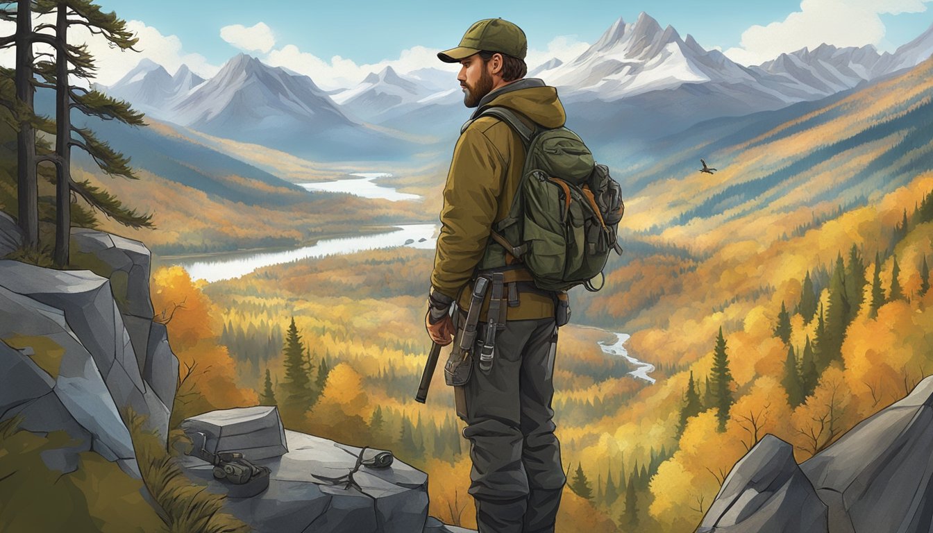 A hunter standing on a cliff overlooking a vast, rugged landscape with mountains, forests, and wildlife. The hunter is surrounded by gear and maps, planning their next hunting trip