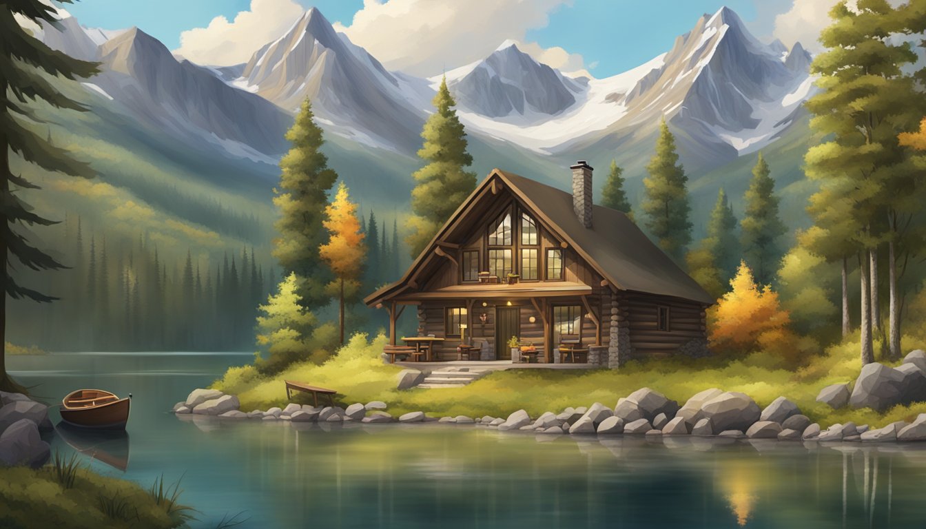 A cozy cabin nestled in a lush forest, surrounded by towering mountains and a serene lake, with hunting gear and outdoor amenities scattered around