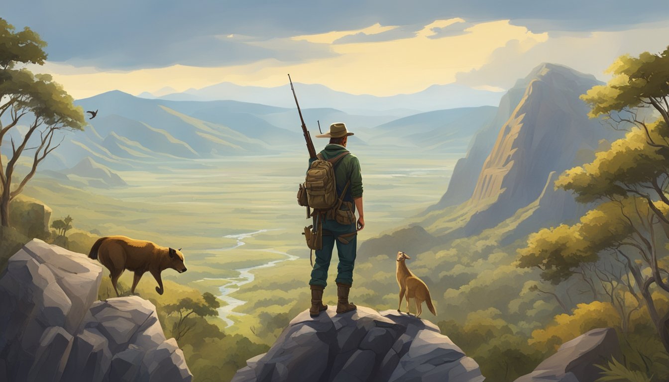 A hunter standing on a cliff overlooking a vast, rugged landscape with exotic animals and diverse terrain