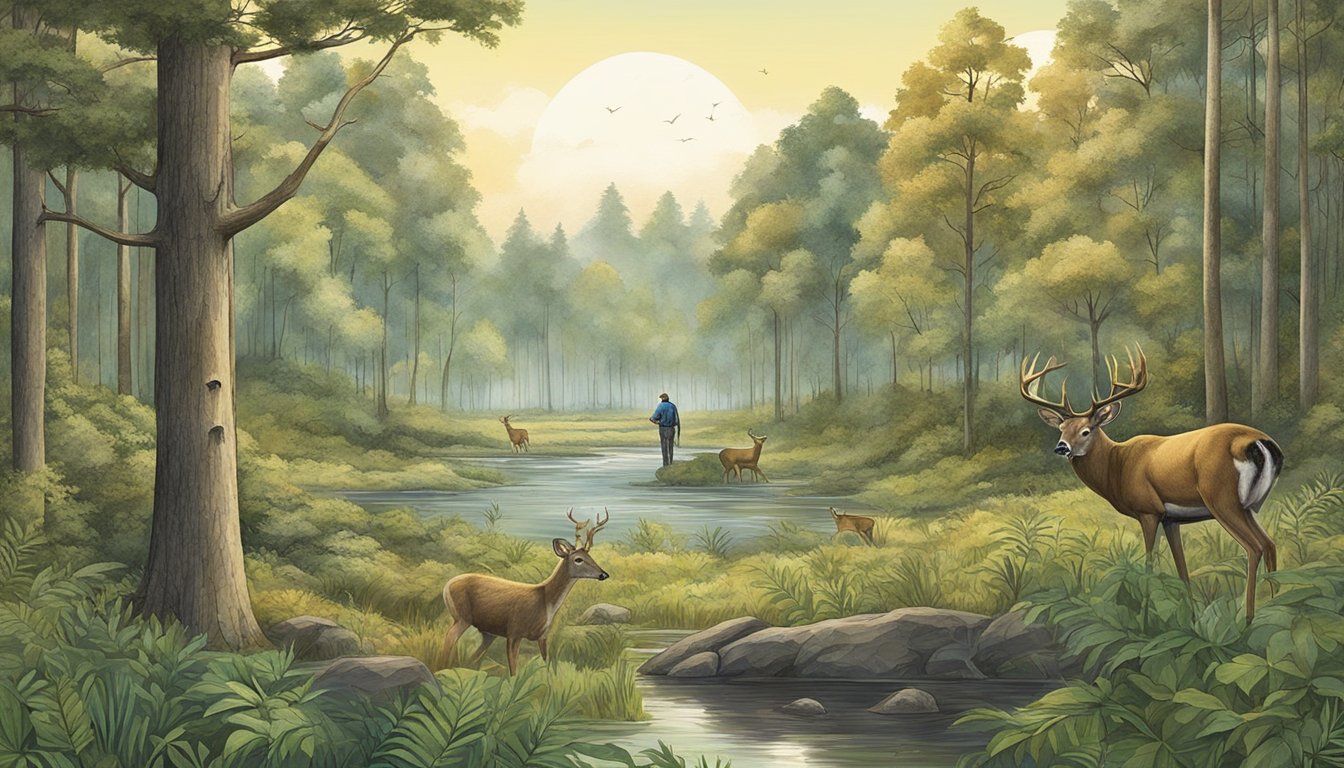 A serene forest scene with various wildlife coexisting, including deer, birds, and smaller animals. A hunter is seen observing the ecosystem from a distance, emphasizing the role of hunting in ecosystem management