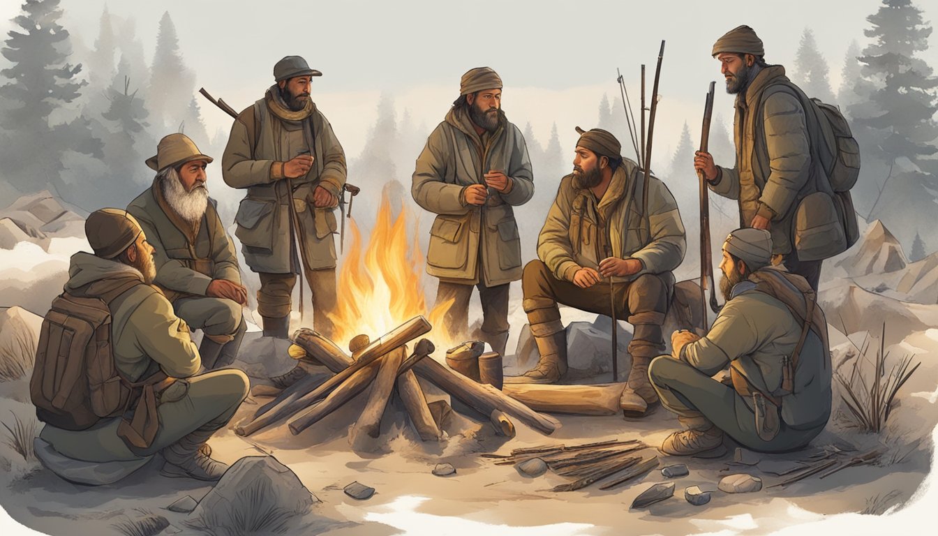 A group of hunters from different cultures gather around a fire, sharing stories and techniques while preparing their equipment for the hunt