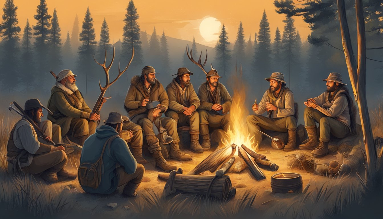 A group of hunters from different cultures gather around a campfire, sharing stories and traditions while surrounded by diverse hunting tools and equipment