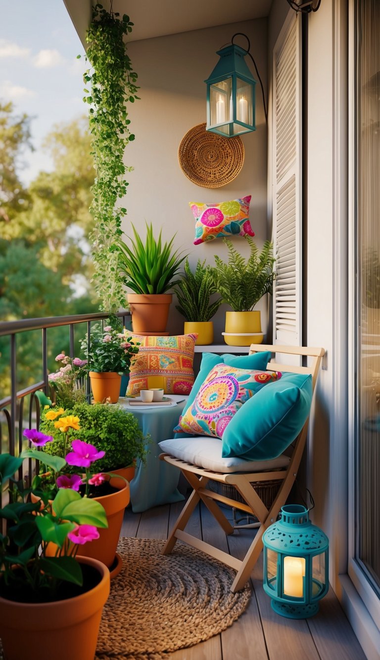 A cozy small balcony adorned with colorful potted plants, vibrant cushions, and decorative lanterns, creating a welcoming and inviting atmosphere