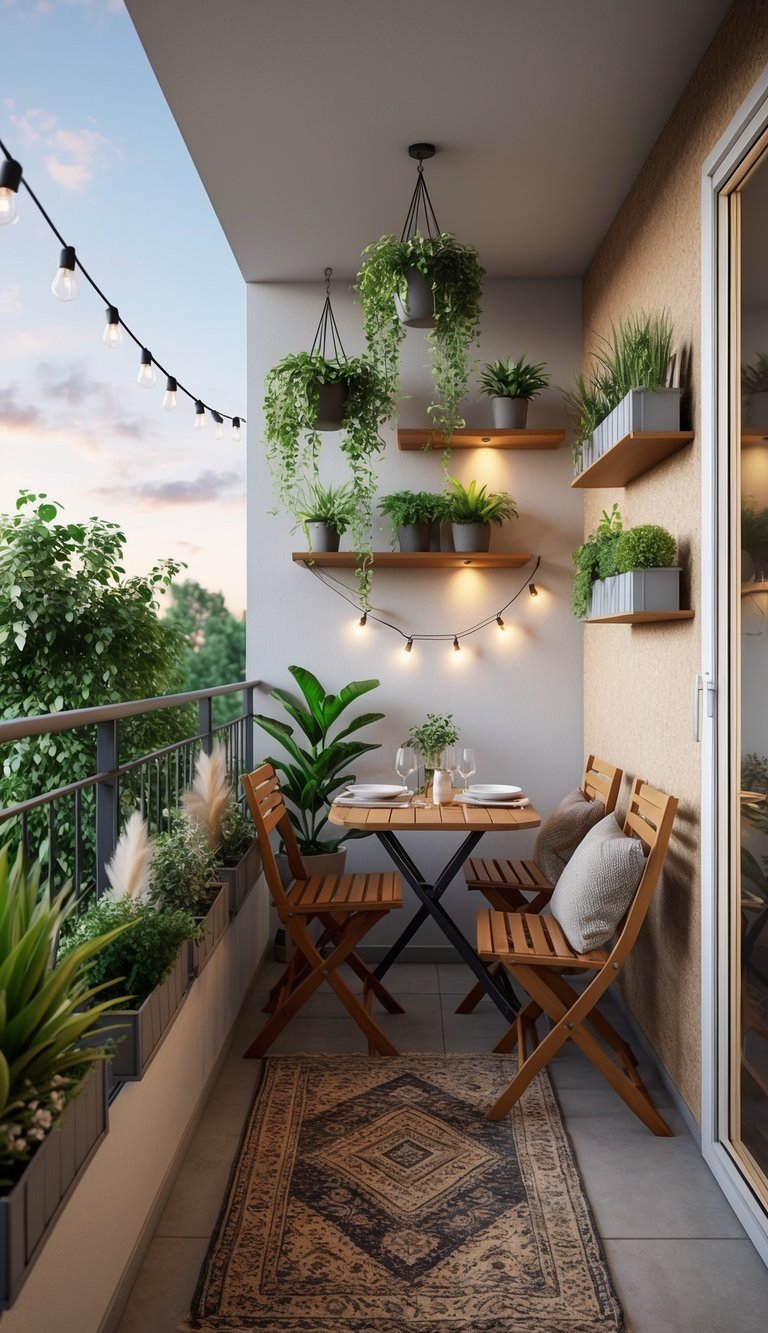 A cozy balcony with hanging plants, foldable furniture, and a small dining set. Shelves and wall-mounted planters maximize space. A rug and string lights add warmth