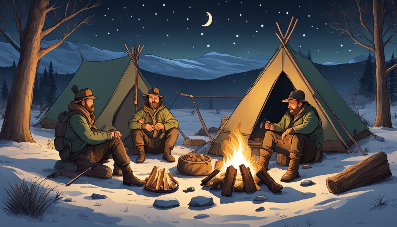 A group of hunters gather around a crackling campfire, their tents pitched in the background under the starry night sky. The aroma of roasting meat fills the air as they share stories and laughter