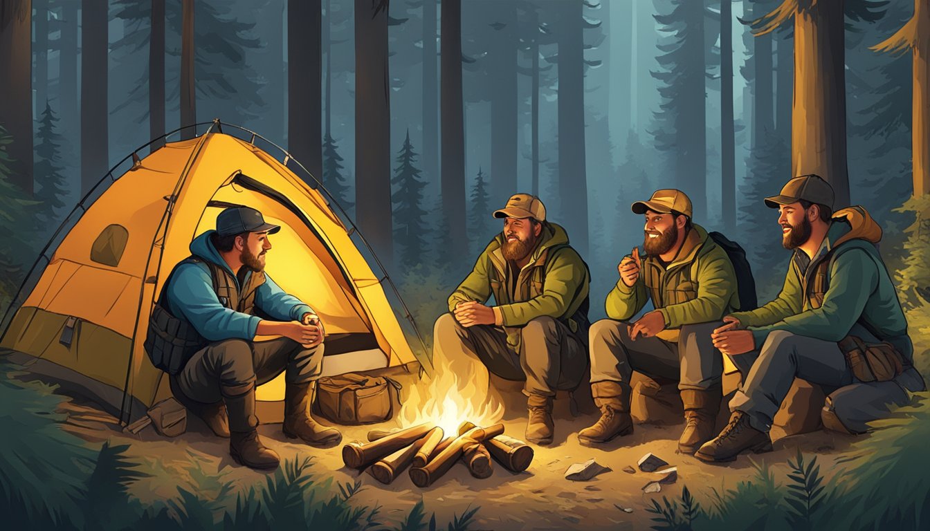 A group of hunters gather around a campfire, sharing stories and laughter as they prepare for their upcoming hunting trip. The forest surrounds them, with tents and gear scattered about