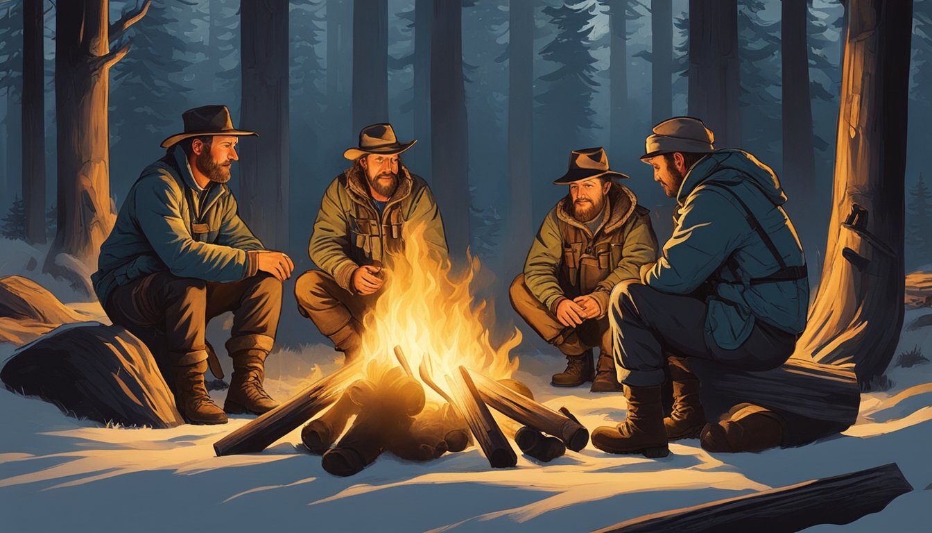 A group of hunters gather around a campfire, sharing stories and laughter as they prepare for the next day's hunt. The glow of the fire illuminates their faces, creating a sense of camaraderie in the wild