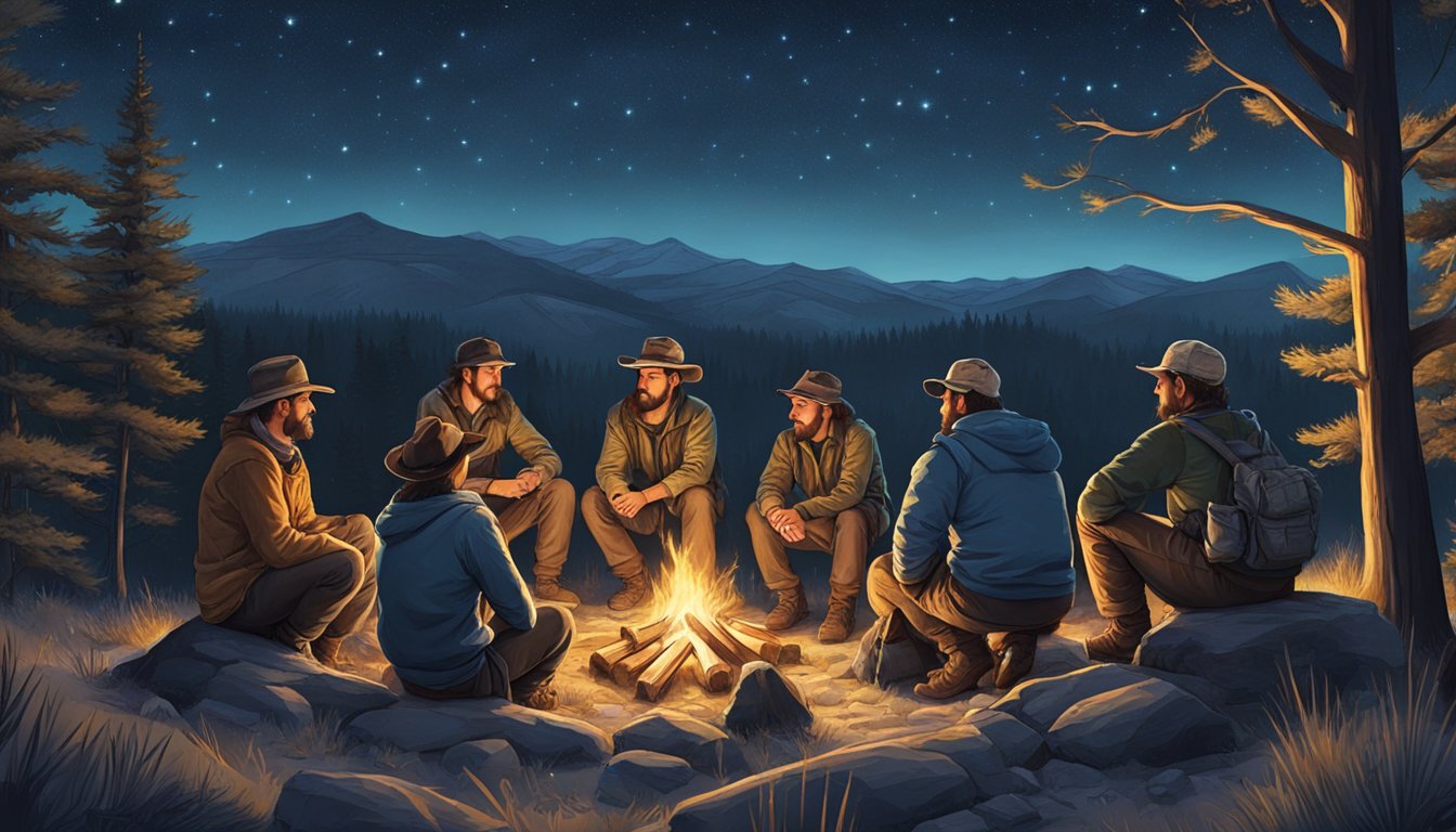 A group of hunters gather around a campfire, sharing stories and laughter under the starry night sky, surrounded by the serene beauty of the wilderness