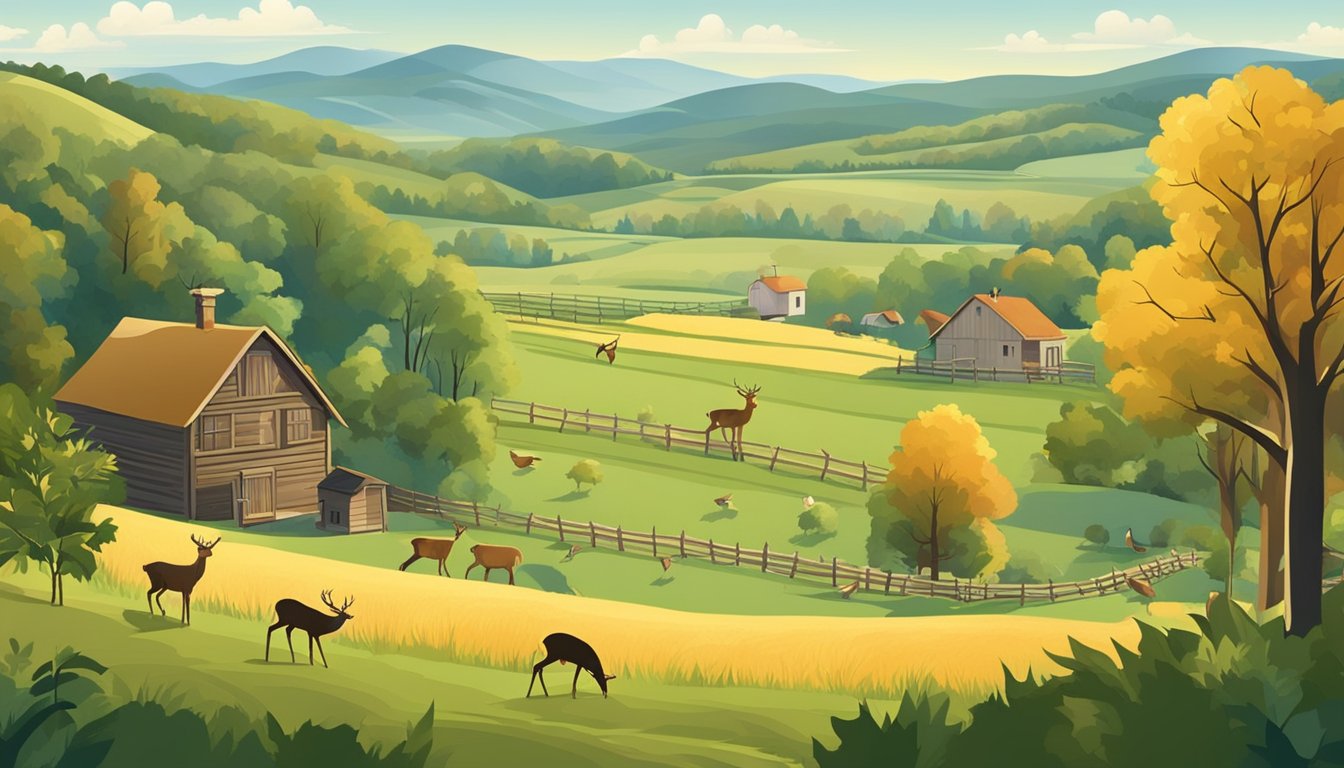 A rural landscape with a mix of farmland and forest, featuring wildlife such as deer, birds, and other animals. A small village or community is nestled within the landscape, with a focus on the coexistence of hunting, conservation, and rural life