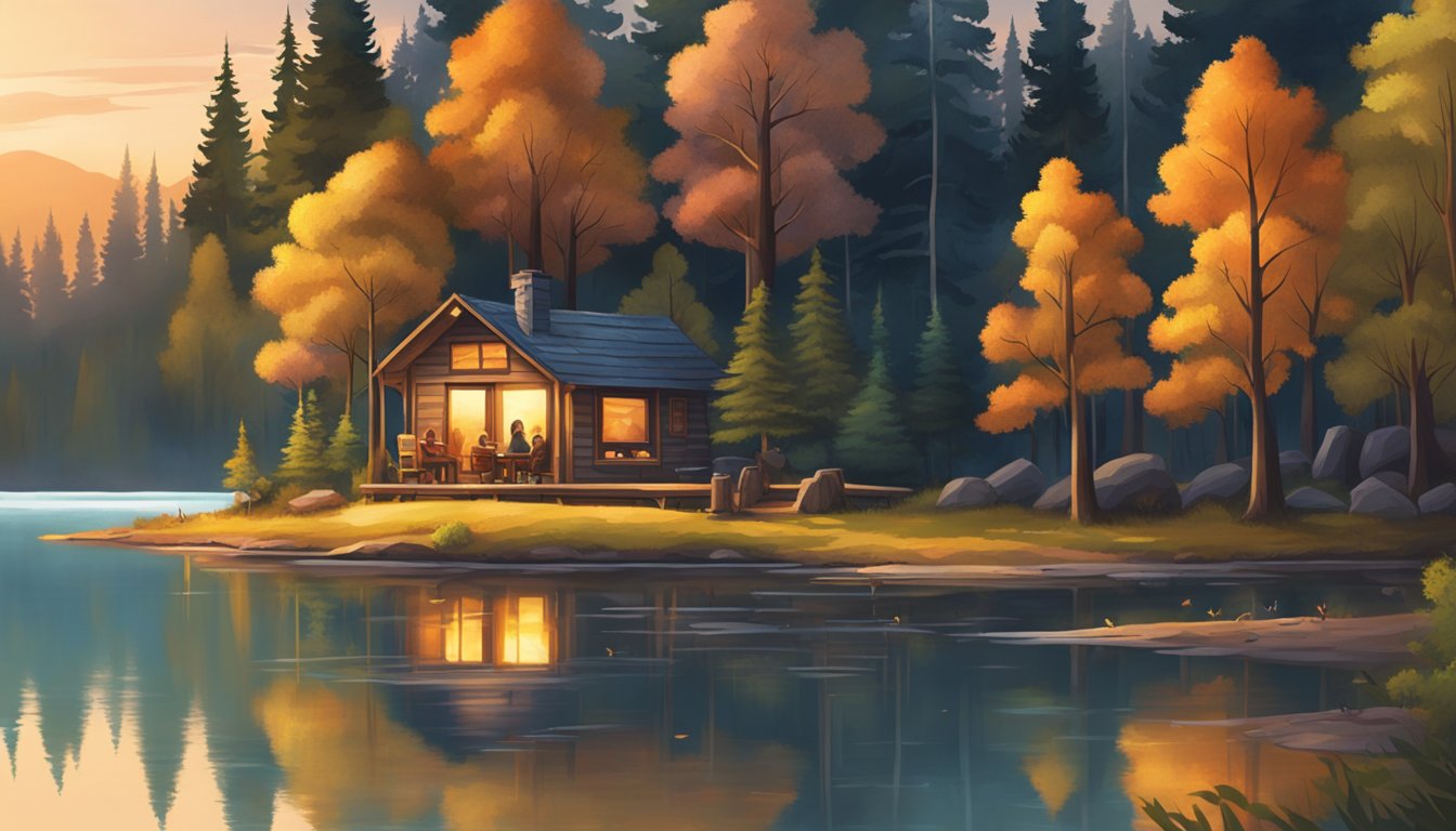 A cozy hunting camp nestled in the wilderness, surrounded by tall trees and a tranquil lake, with a warm campfire glowing in the center