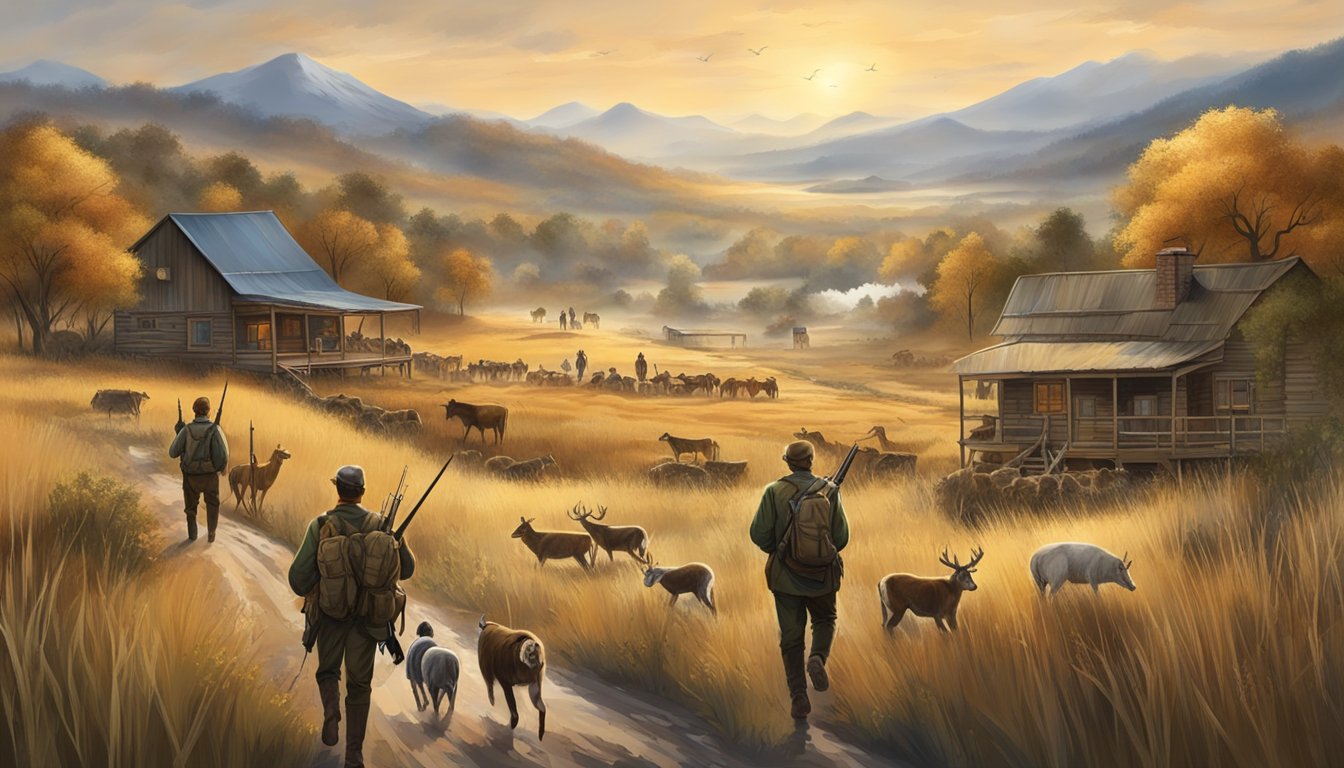 A rural community with hunters returning from a successful hunt, surrounded by wildlife and natural landscapes, showcasing the economic and conservation impact of hunting