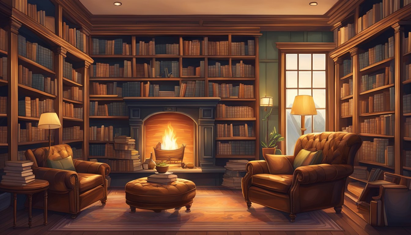 A cozy library with leather armchairs, a crackling fireplace, and shelves filled with books on hunting and outdoor pursuits