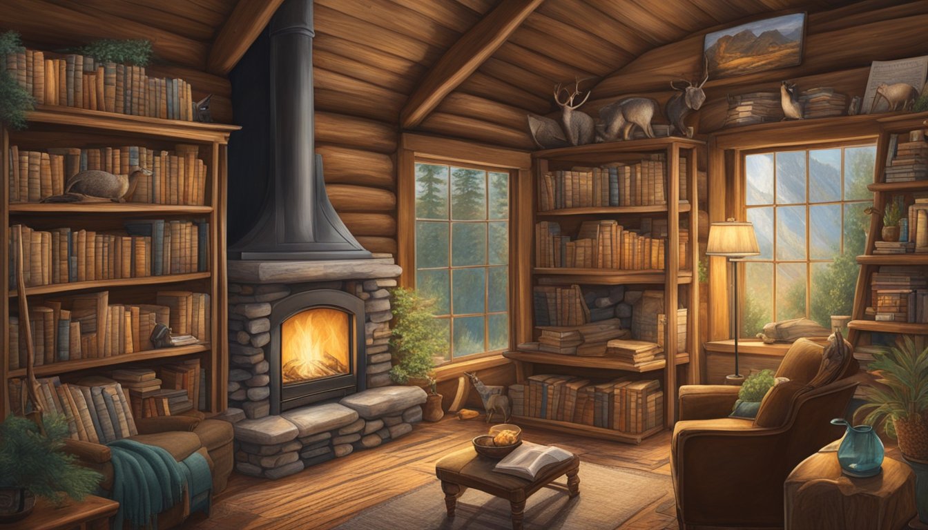 A cozy cabin with a crackling fire, surrounded by shelves of books on hunting, ethics, and conservation. Wildlife art adorns the walls