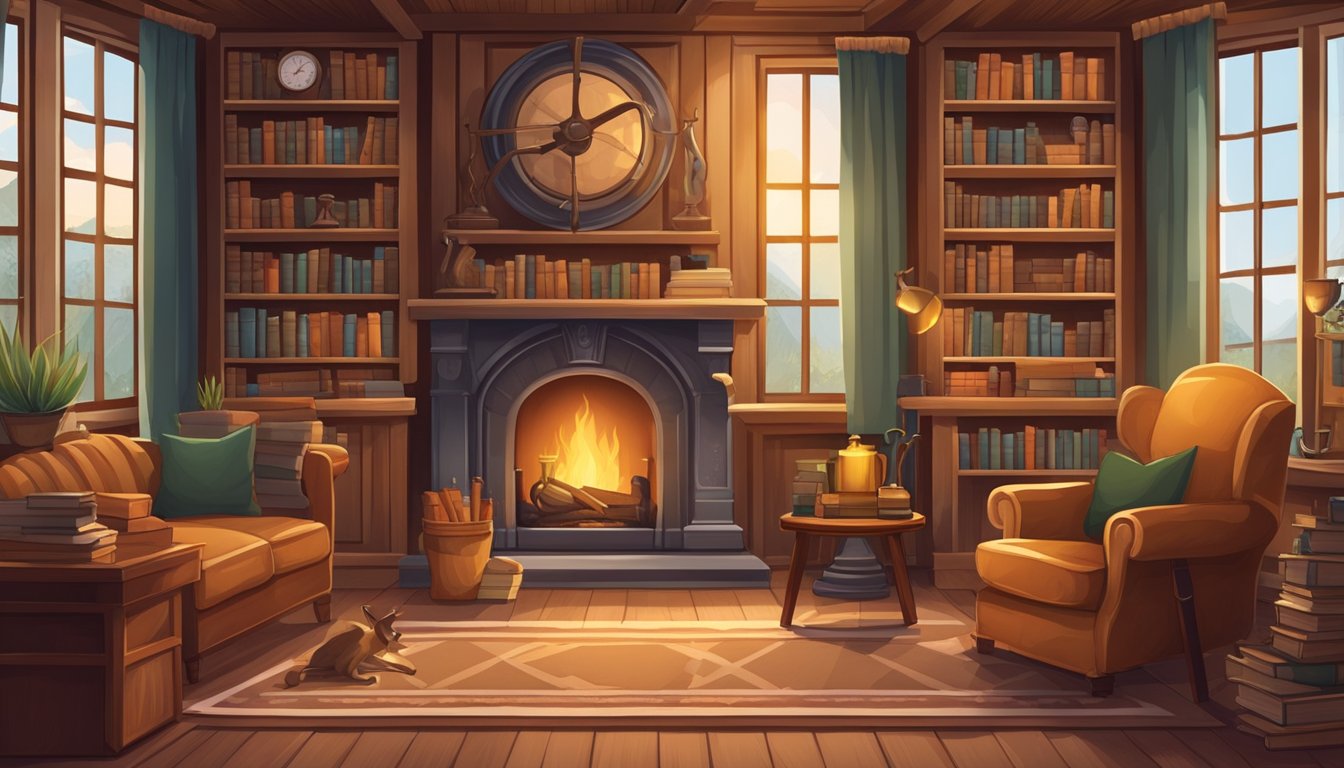 A cozy library with hunting gear, books, and trophies displayed on wooden shelves and walls. A comfortable armchair sits by a crackling fireplace