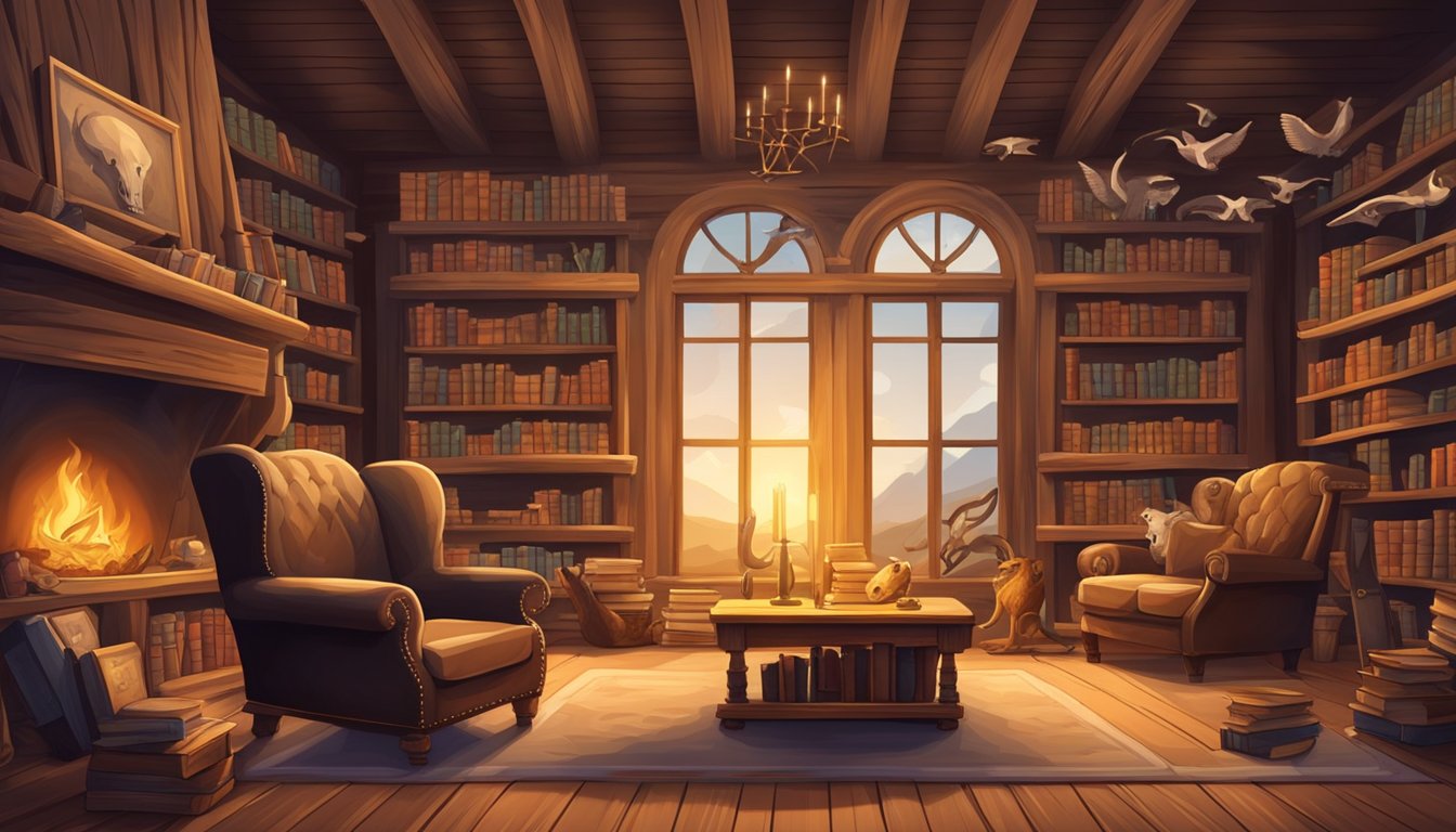 A rustic library with hunting trophies, animal skulls, and shelves of wildlife books. A cozy armchair and a crackling fireplace complete the scene