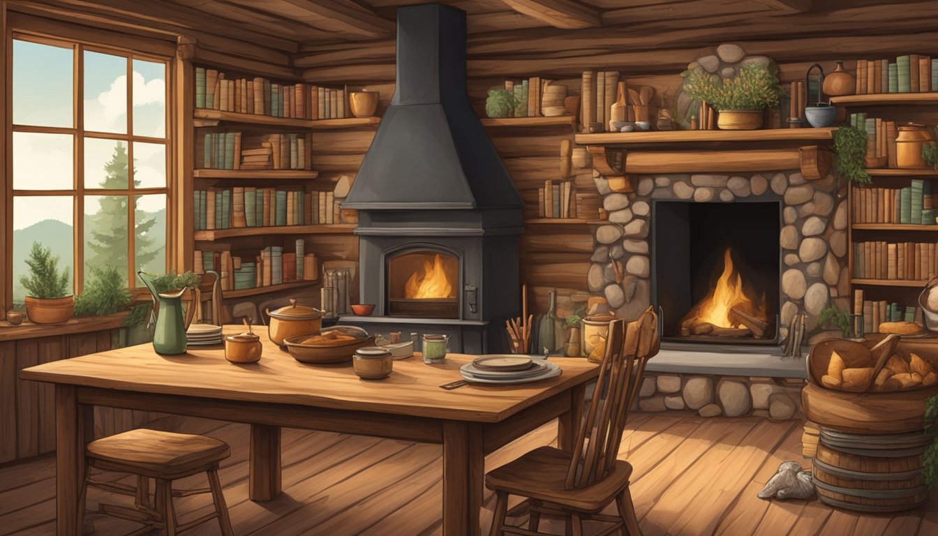 A cozy cabin with bookshelves filled with hunting and cooking books, a fireplace crackling in the background, and a rustic table set with wild game and foraged ingredients