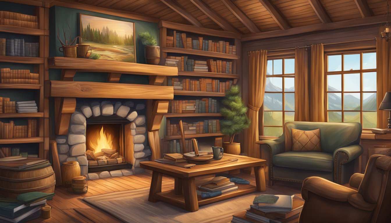 A cozy cabin with a roaring fireplace, surrounded by shelves of leather-bound books on hunting, fishing, and outdoor adventures